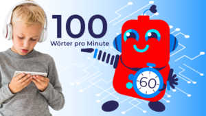 Junge schaut auf Smartphone und trägt Kopfhörer. Test: 100 Wörter pro Minute. Kleiner roter Roboter mit Stoppuhr